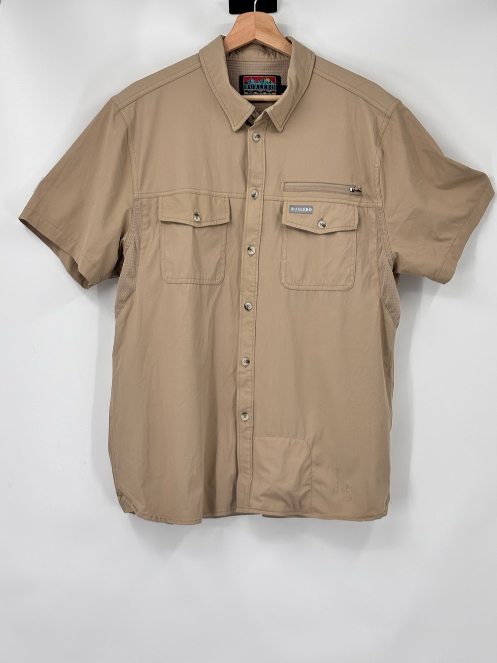 Burlebo Performance Shirt Mens Sz L Short Sleeve Button Up 4 Way Stretch Desert